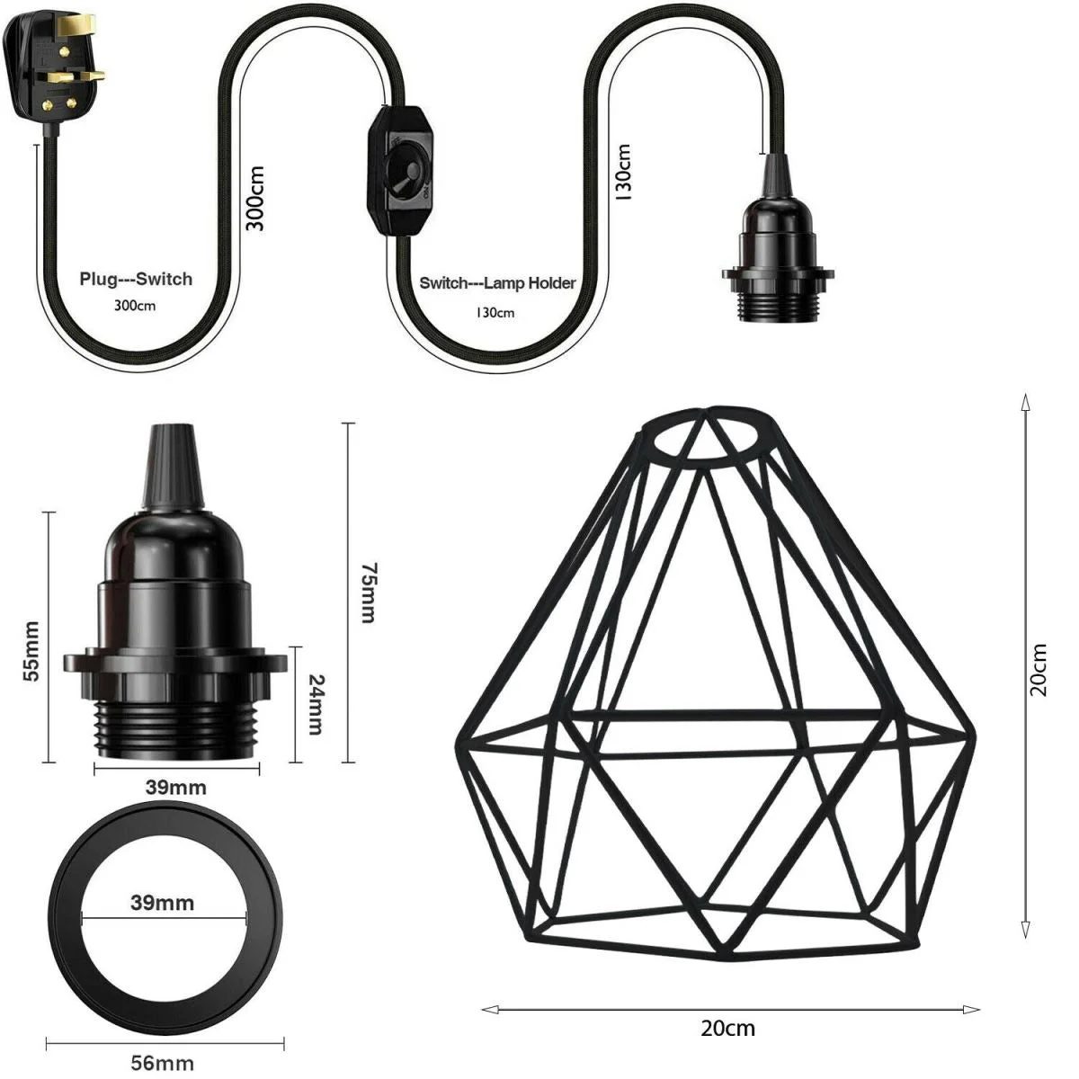 Blue metal cage pendant light with 4m rubber cable lamp and LED E27 bulb, industrial style hanging lamp set