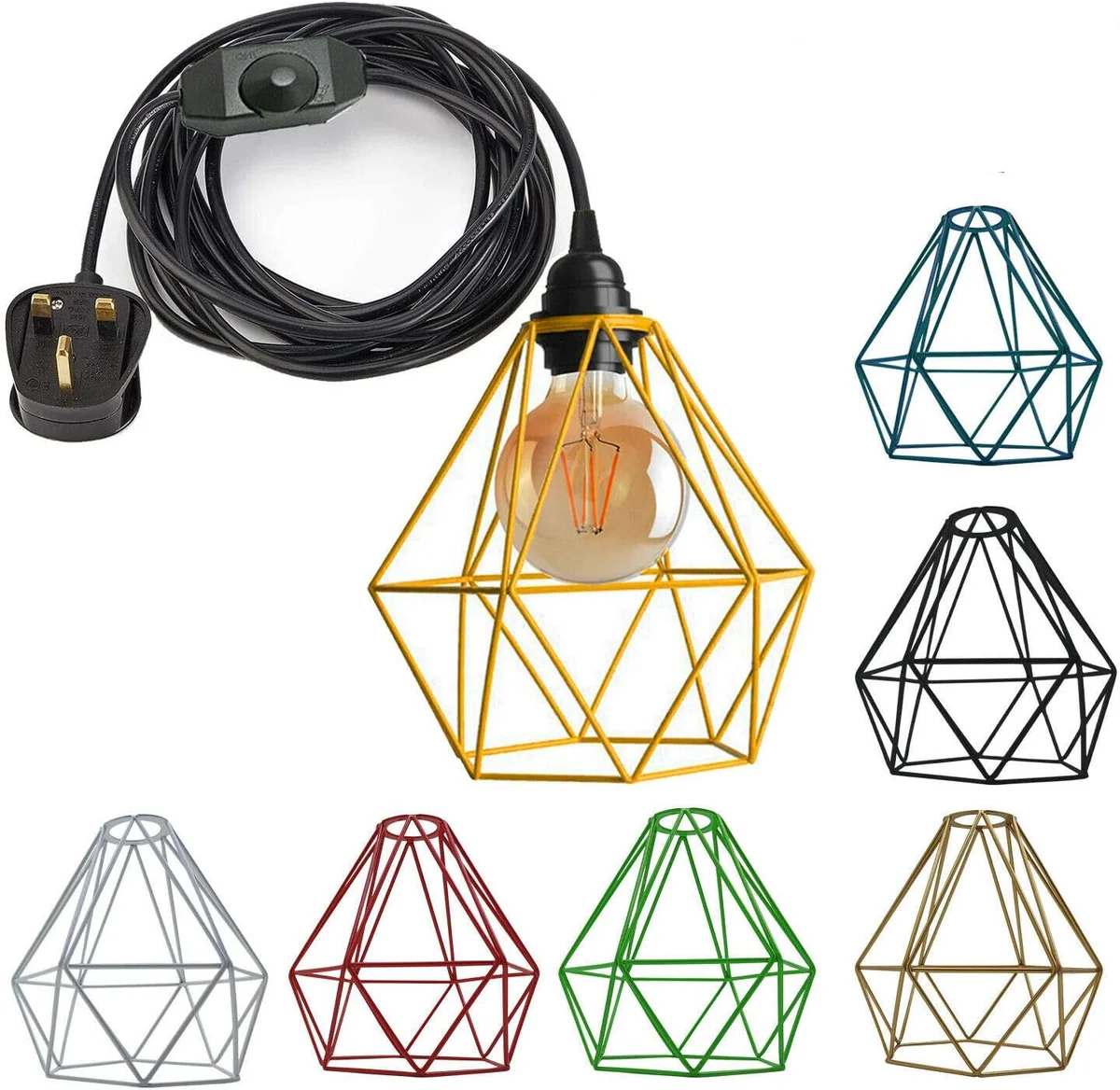 Blue metal cage pendant light with 4m cord and E27 bulb lighting, suitable for modern home decor settings