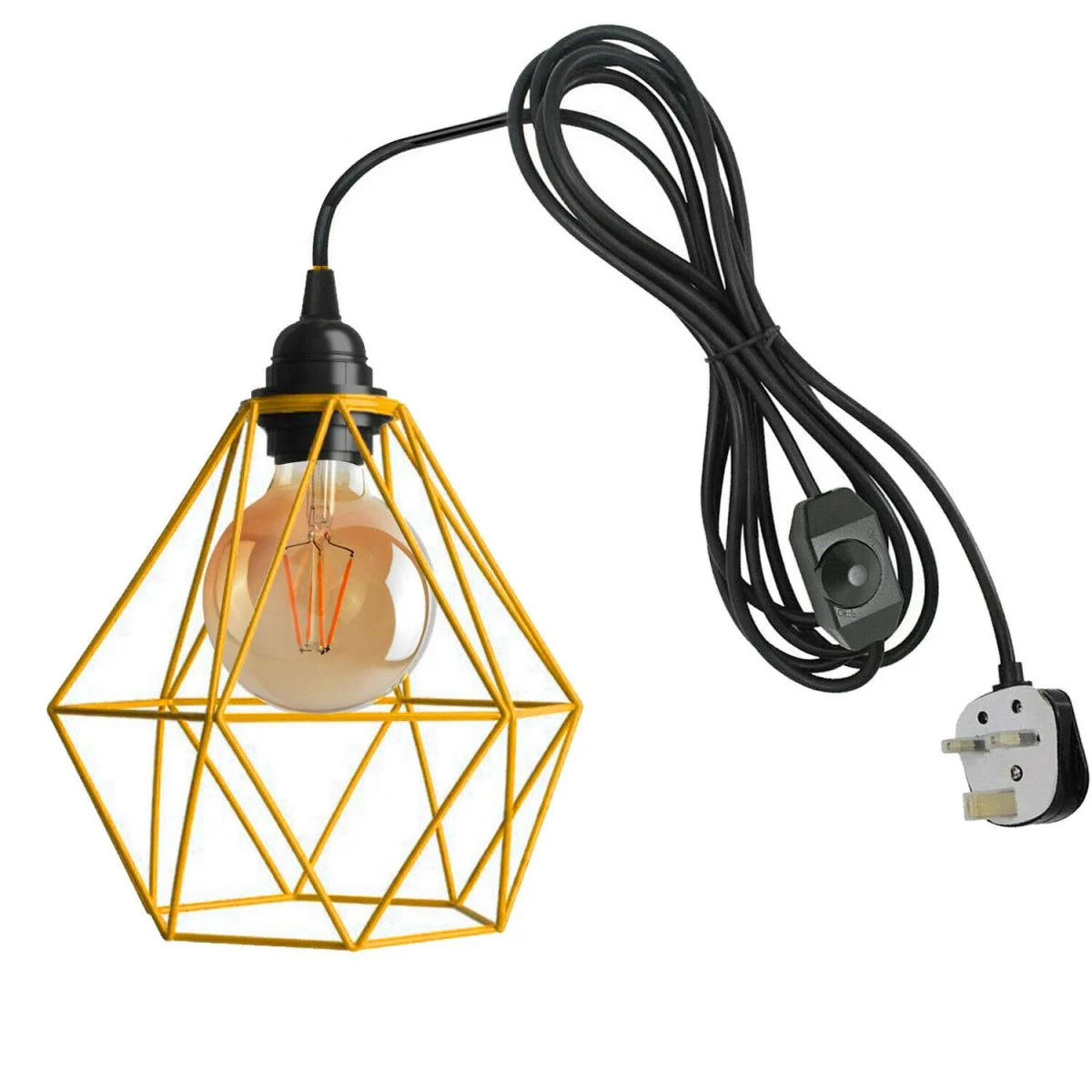Blue metal cage industrial style lamp with 4m black rubber cable and E27 bulb hanging from ceiling