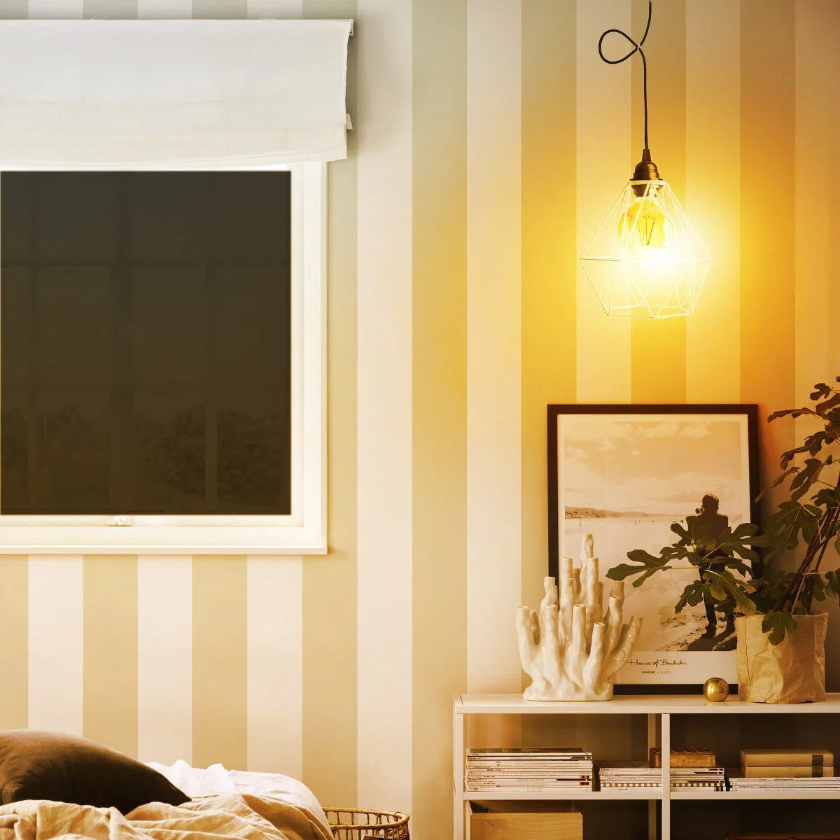 Dimmer switch lamp with blue metal cage shade and 4m black rubber cable hanging pendant light set