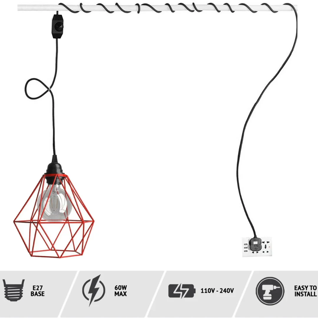 Dimmer switch lamp with blue metal cage shade and 4m rubber cable hanging light set with E27 bulb included
