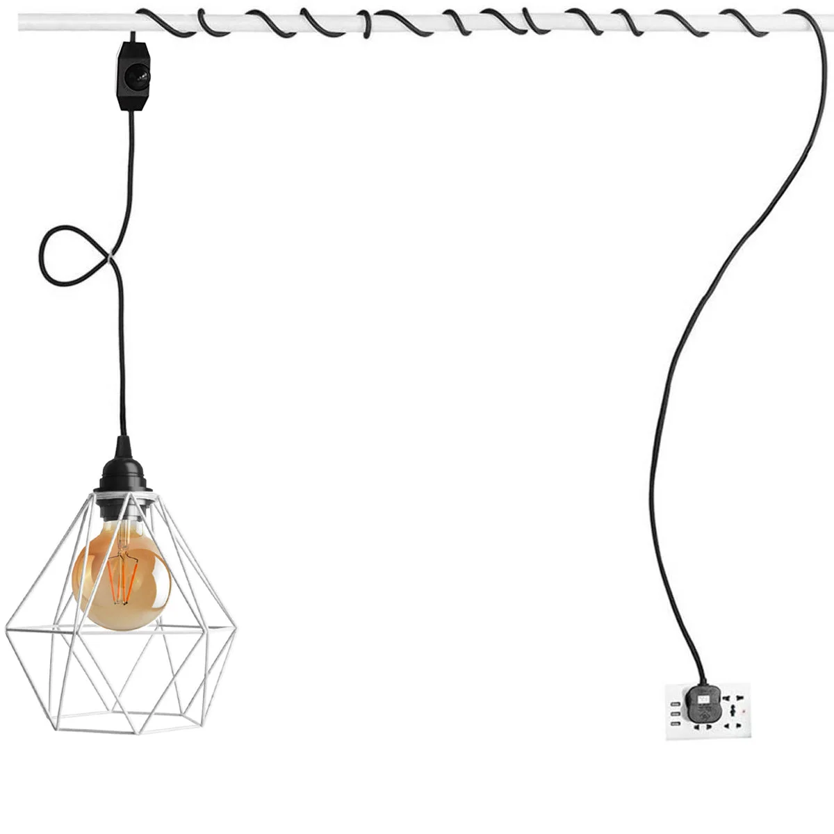 Blue metal cage dimmer switch lamp with 4m rubber cable and E27 bulb, industrial style pendant light set