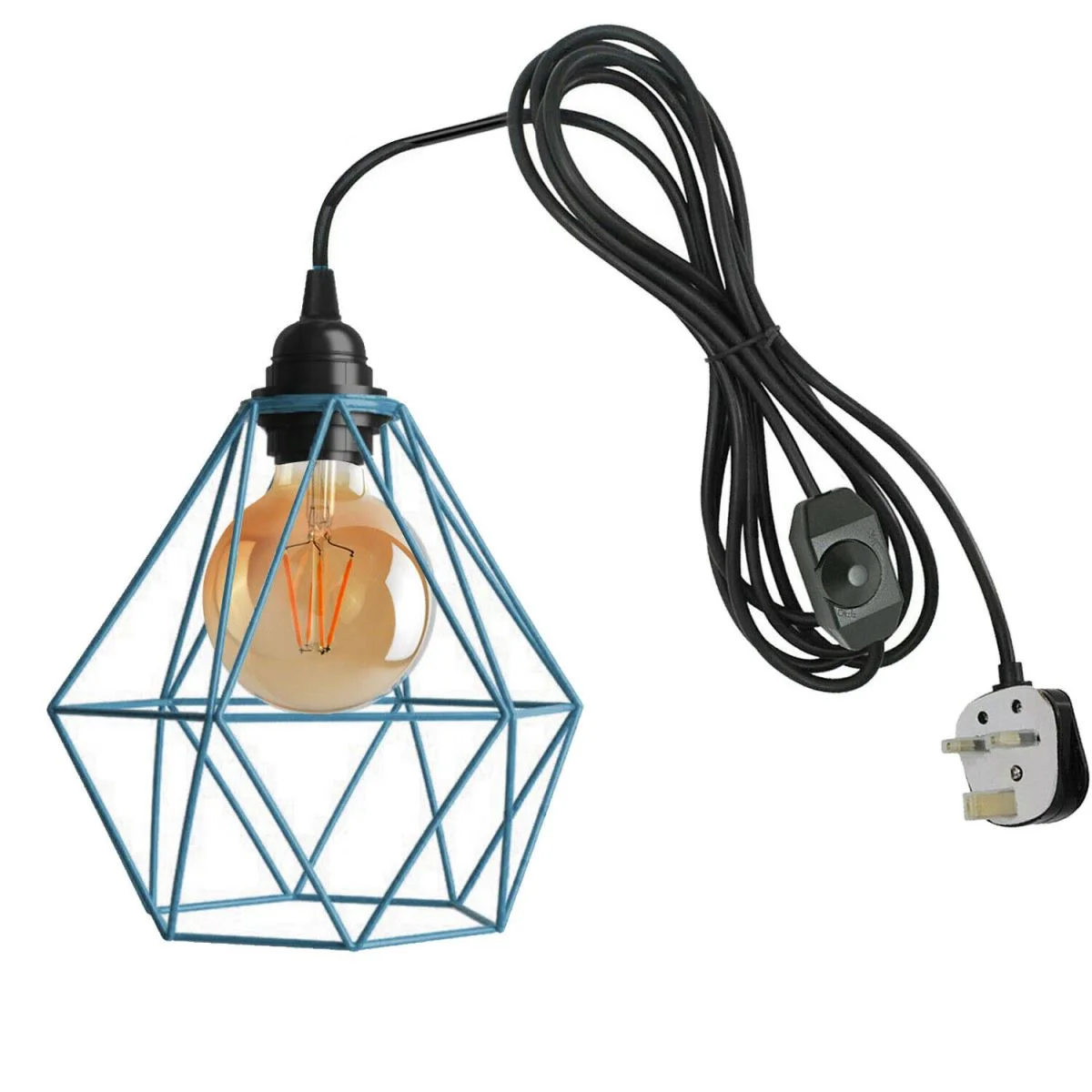 Dimmer switch lamp with blue metal cage shade and 4m black rubber cable hanging from ceiling plug-in setup