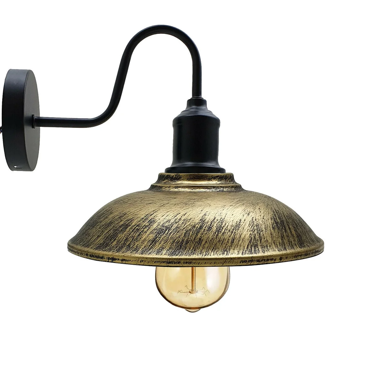 Vintage industrial E27 wall light with black arm, rustic red metal cage shade, and black ceiling rose mounted on white wall