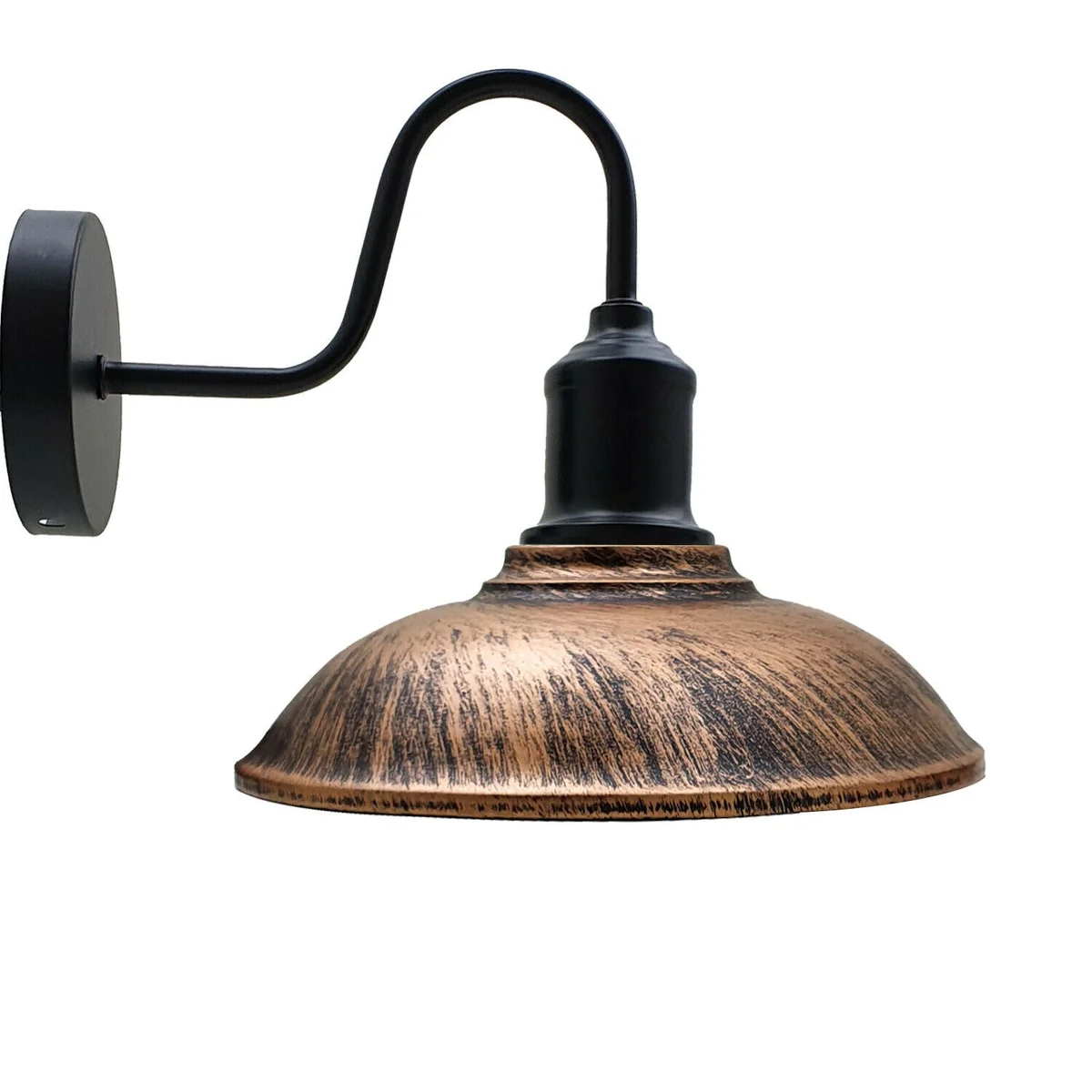 Retro wall sconce with black gooseneck arm and brushed brass industrial cage shade mounted on a black ceiling rose