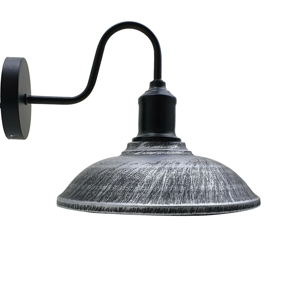 Industrial wall light with black gooseneck arm, rustic red metal cage shade, and black ceiling rose mounted on white wall