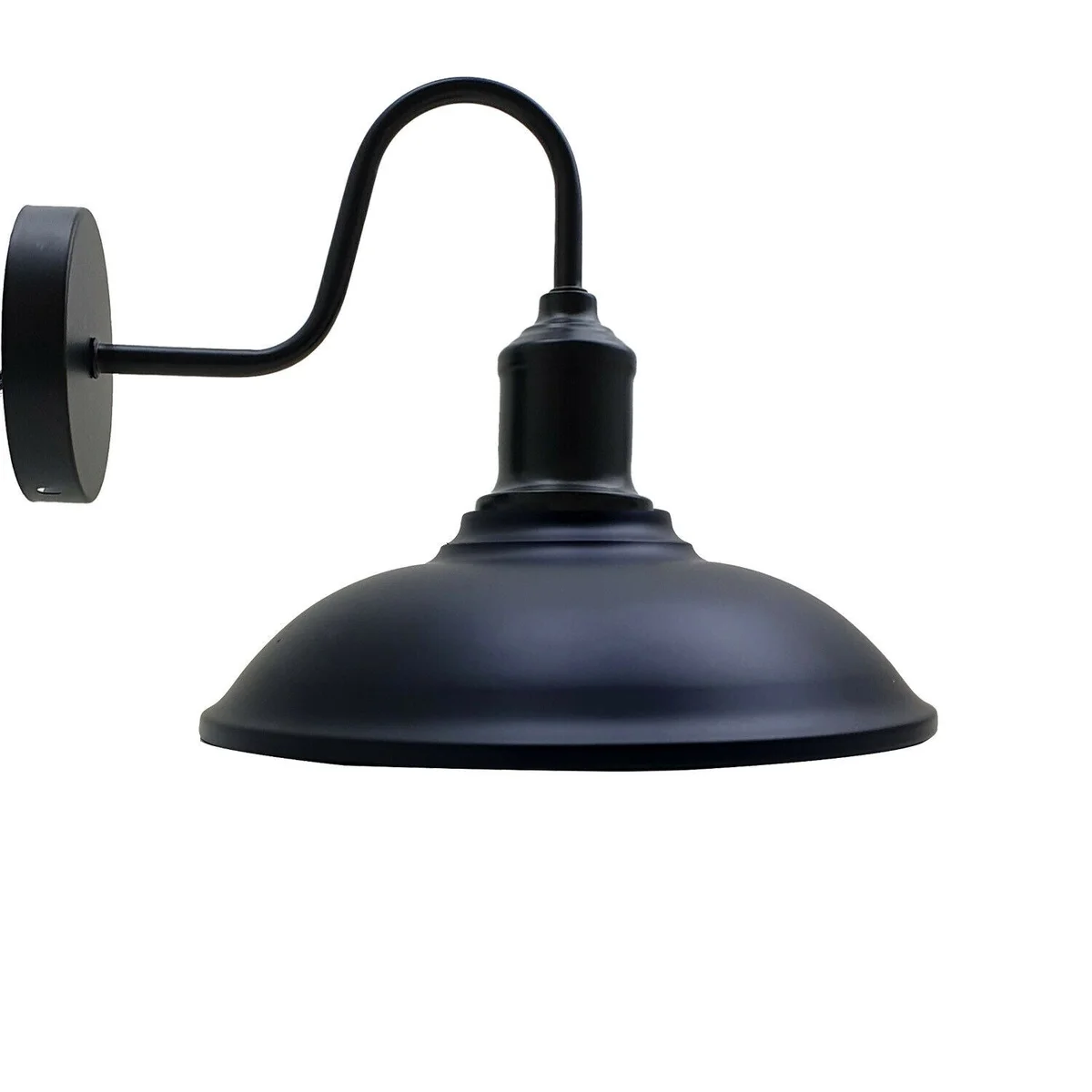 Industrial wall light with black gooseneck arm and rustic red metal cage shade mounted on black ceiling rose