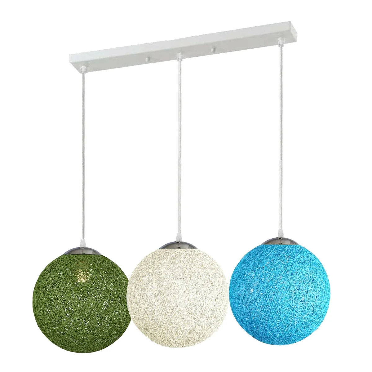 Rattan pendant light shade in green, white, or blue, 20 cm diameter, hanging from ceiling.