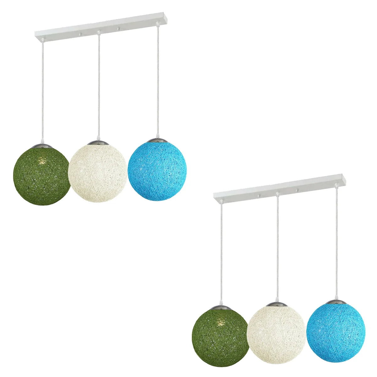 Round rattan pendant shade, multi colour pendant shade in green, white and blue, 20 cm diameter with iron base and wire.