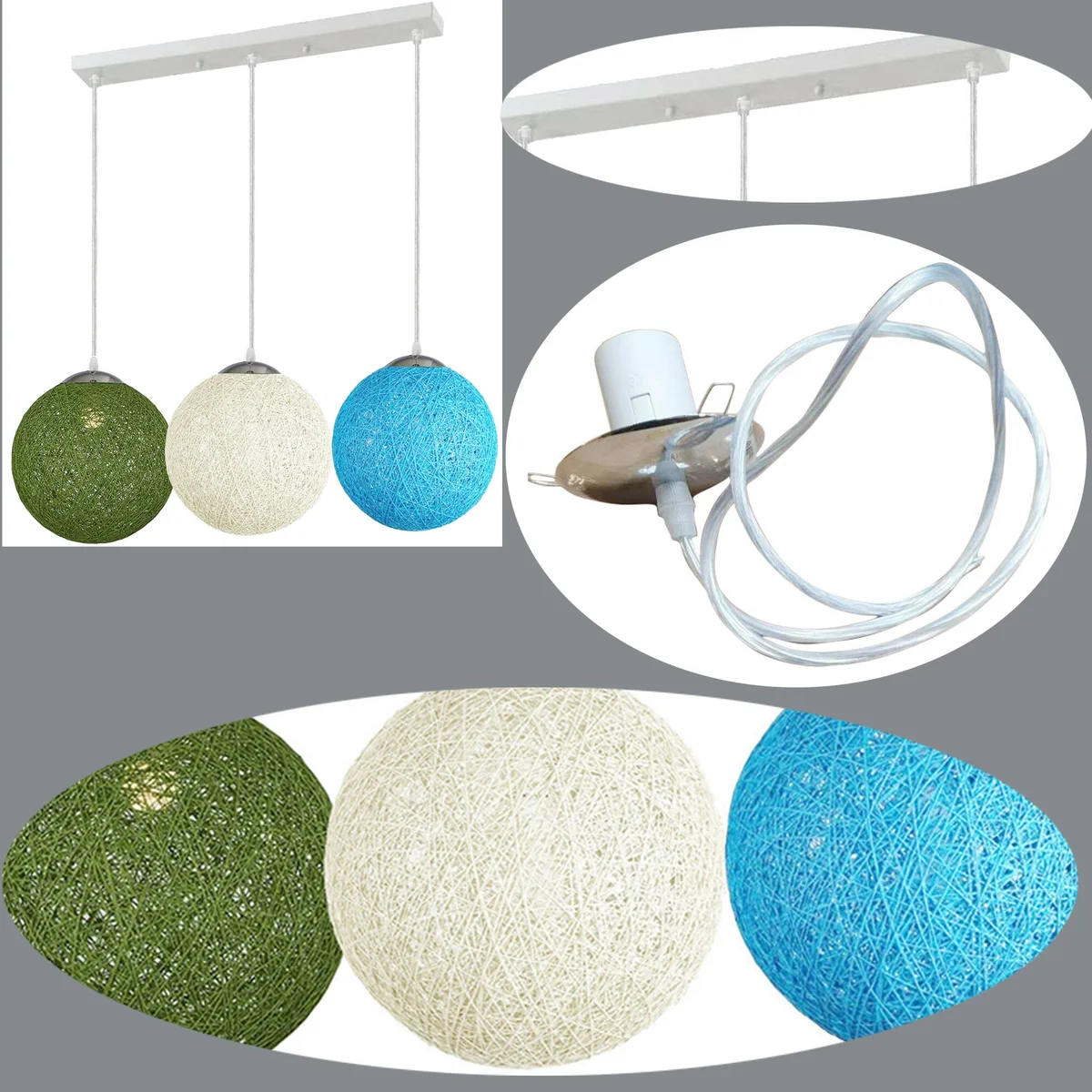 E27 socket light shade: round rattan lamp with 20cm diameter, green/white/blue woven palette, 95cm hanging wire.