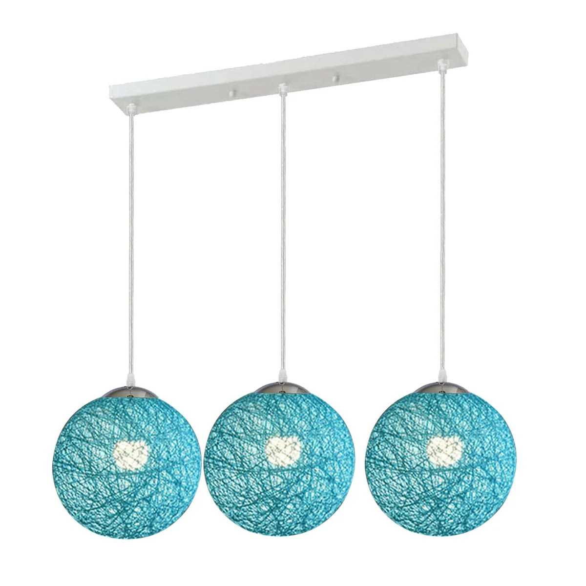 Blue rattan wicker E27 socket pendant light with 95cm wire, shown hanging against white background