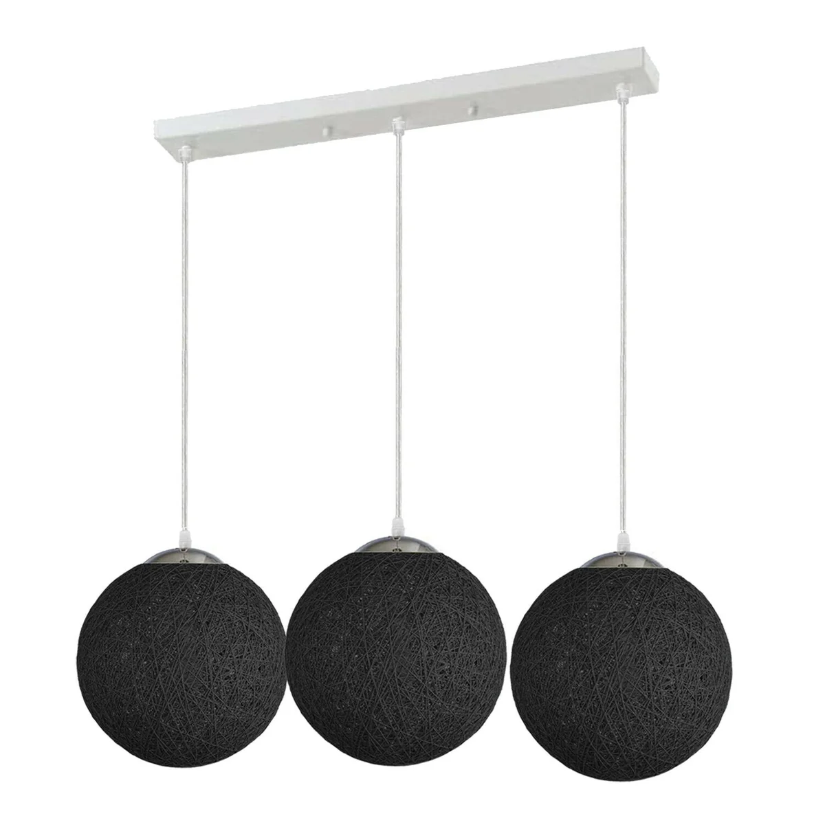 Three black rattan pendant lights with woven shades and 95cm wires, suitable for E27 bulbs, shown hanging together