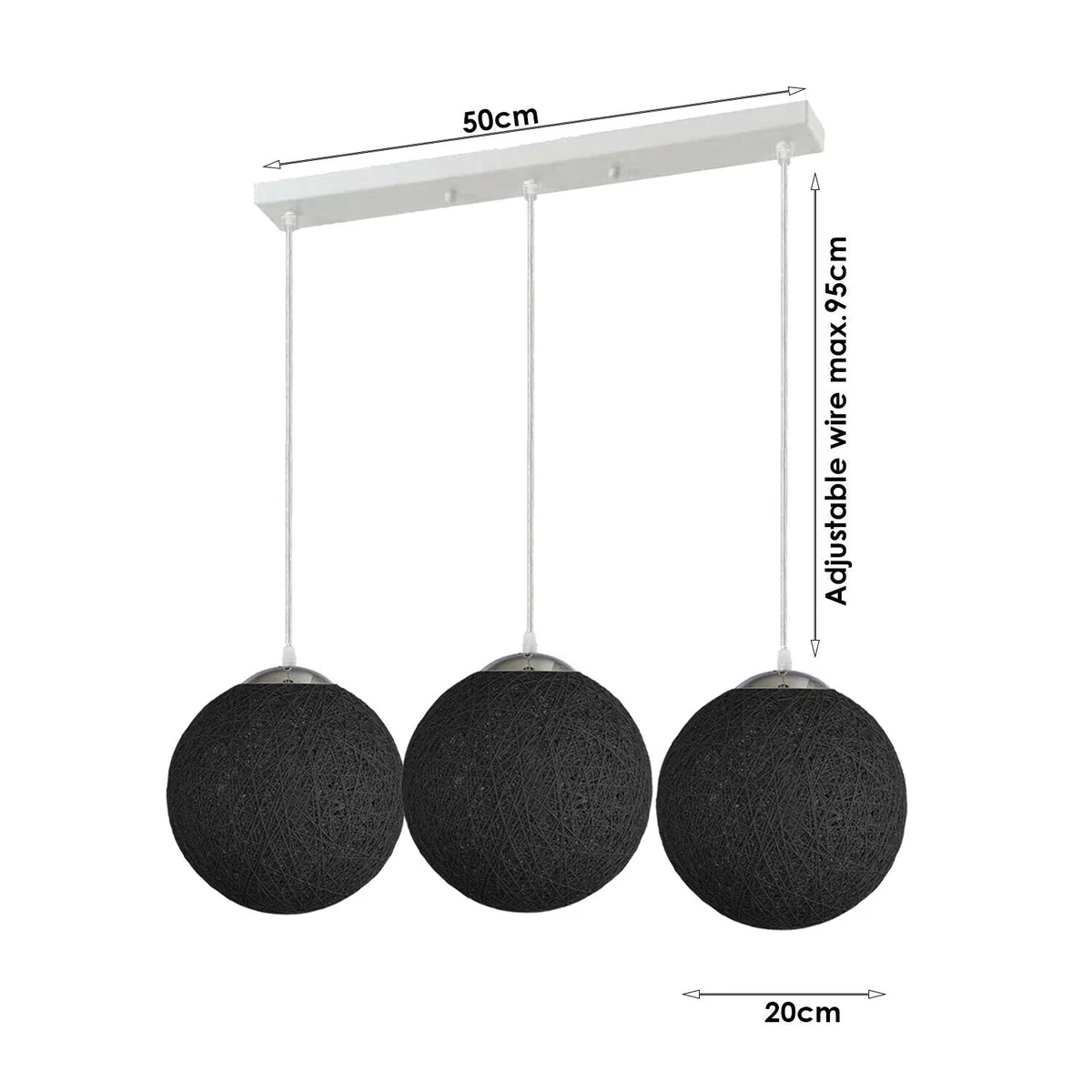 Black rattan light pendant with three woven shades and 95cm wires, suitable for E27 bulbs, 20cm diameter each