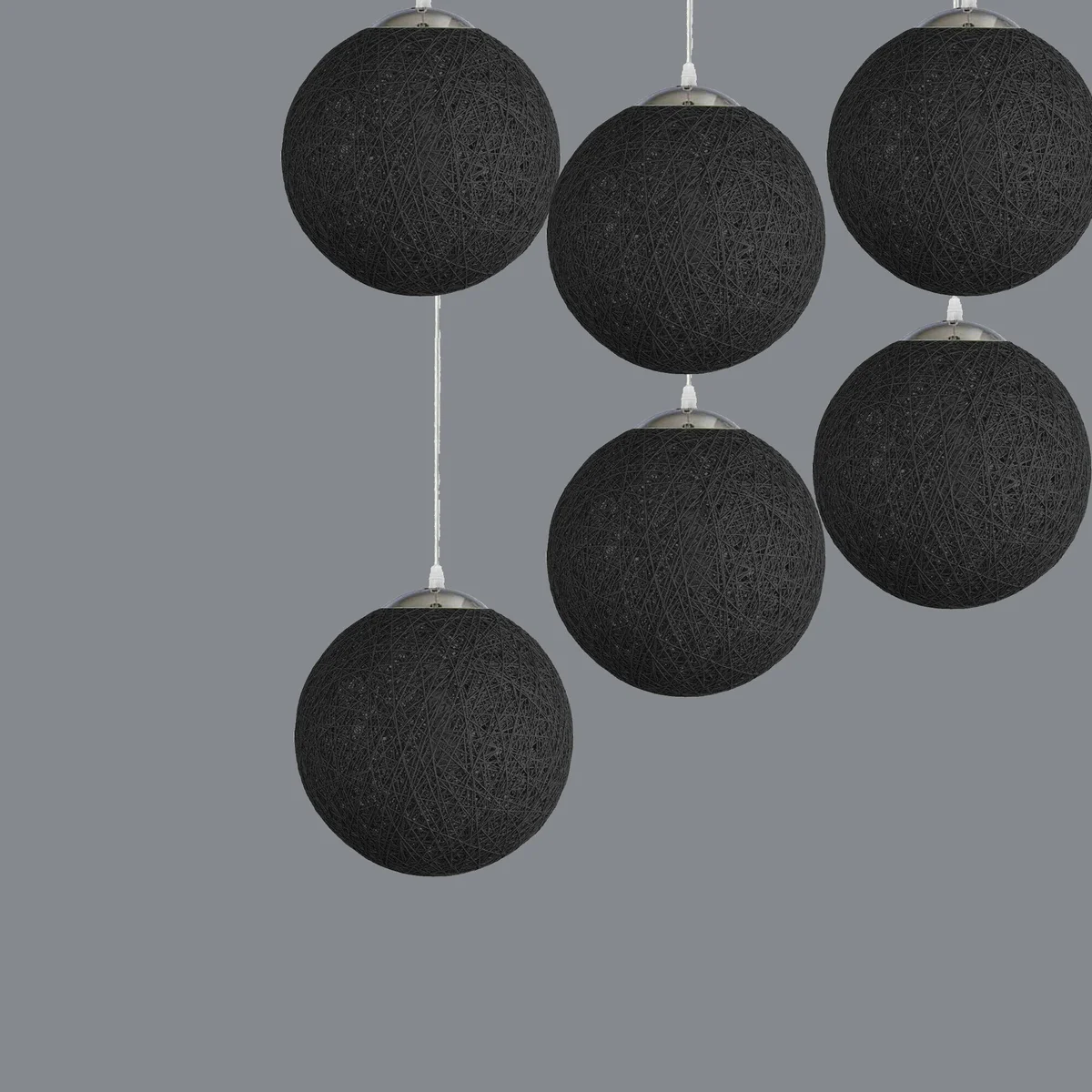 Black rattan 3 light pendant with woven wicker shades and 95cm wires, shown hanging against white background