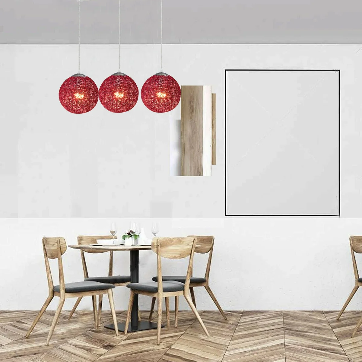 Three red rattan pendant light shades with iron frames hanging, 20cm diameter, suitable for E27 bulbs, 95cm wires included