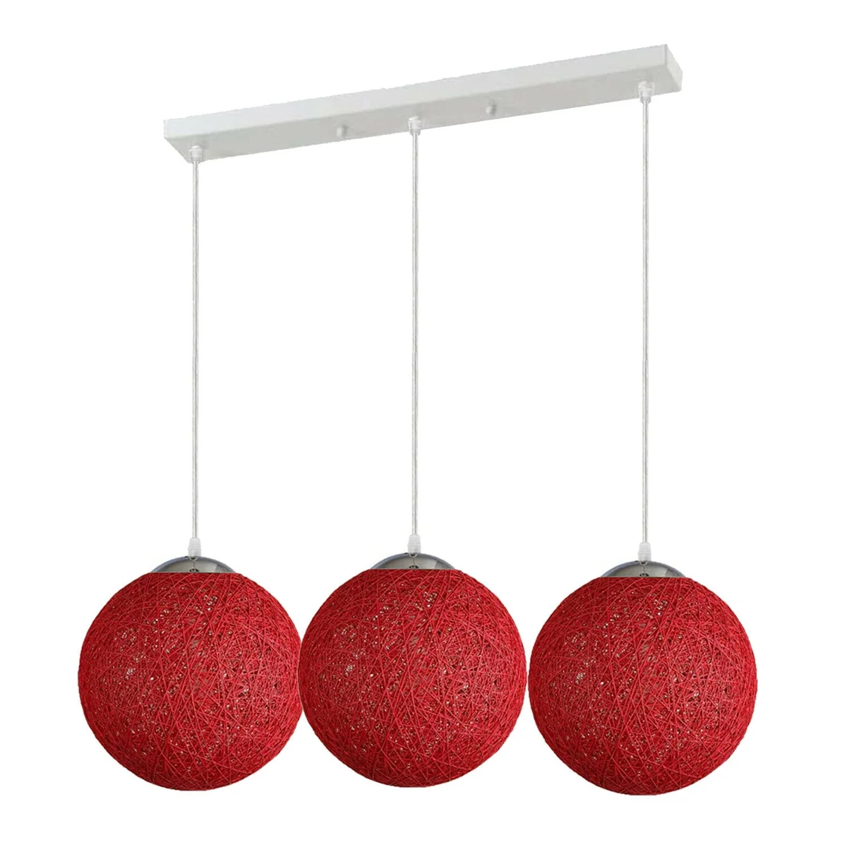 3 head pendant light with three red rattan shades hanging, each 20cm diameter, with 95cm wires and E27 sockets