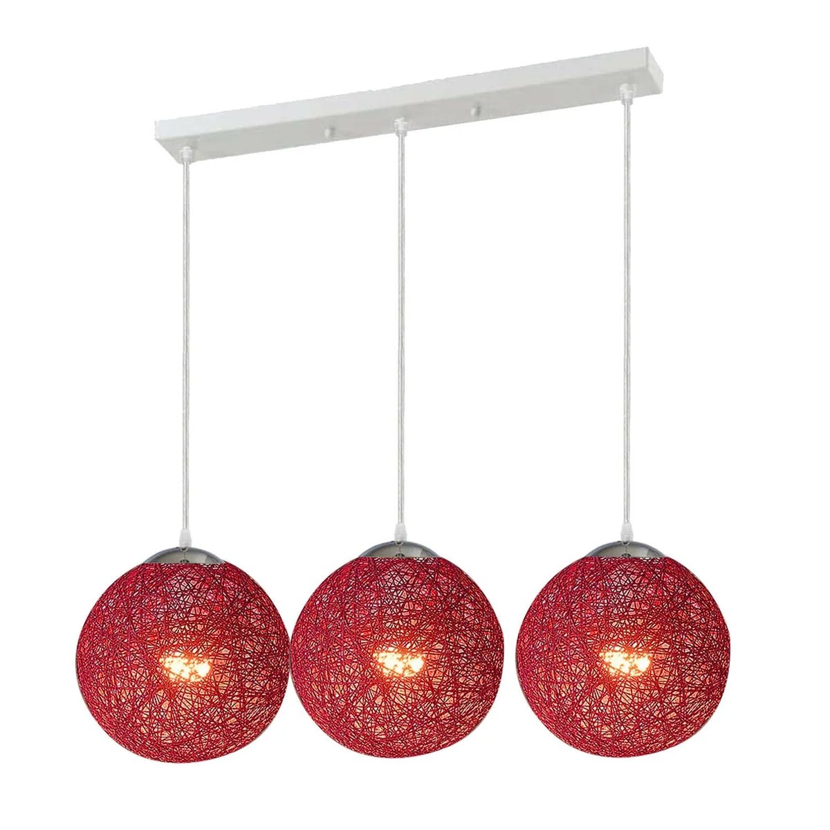 Three red rattan lampshades with 95cm wires and E27 socket pendant fitting, displayed against a white background