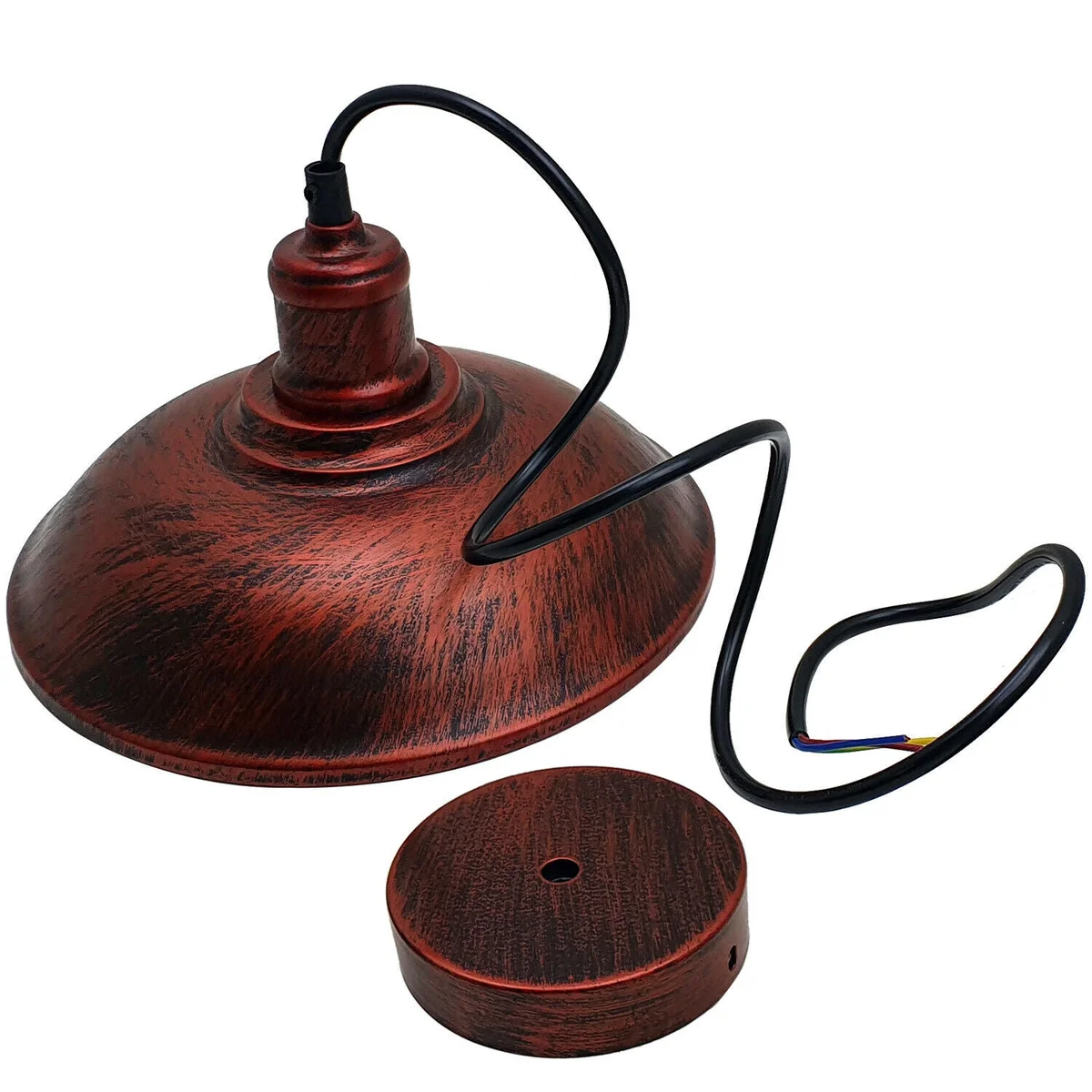Rustic red metal lampshade lighting with industrial cage design, hanging pendant style with adjustable 95cm cable