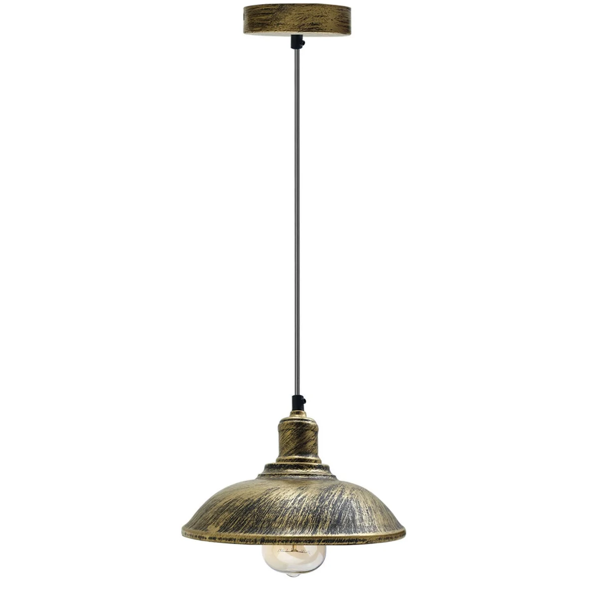 Brushed brass retro industrial ceiling light with metal cage shade and 95cm adjustable flex hanging against white background