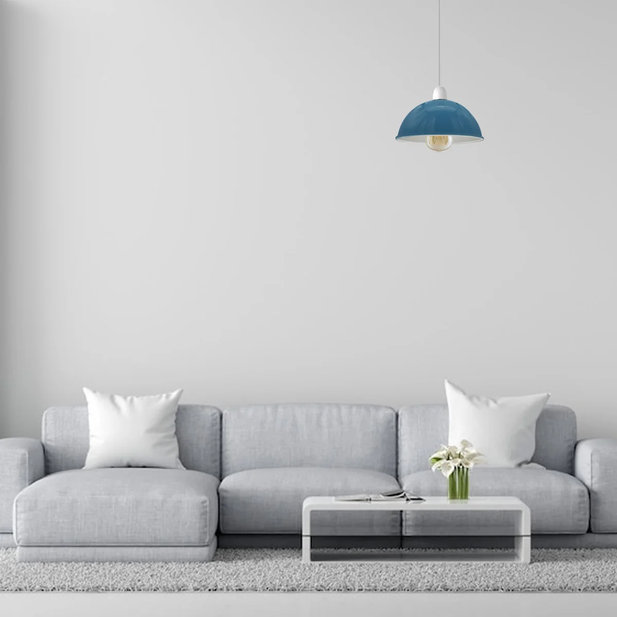 Blue metal dome pendant shade with smooth finish and easy fit design against plain background