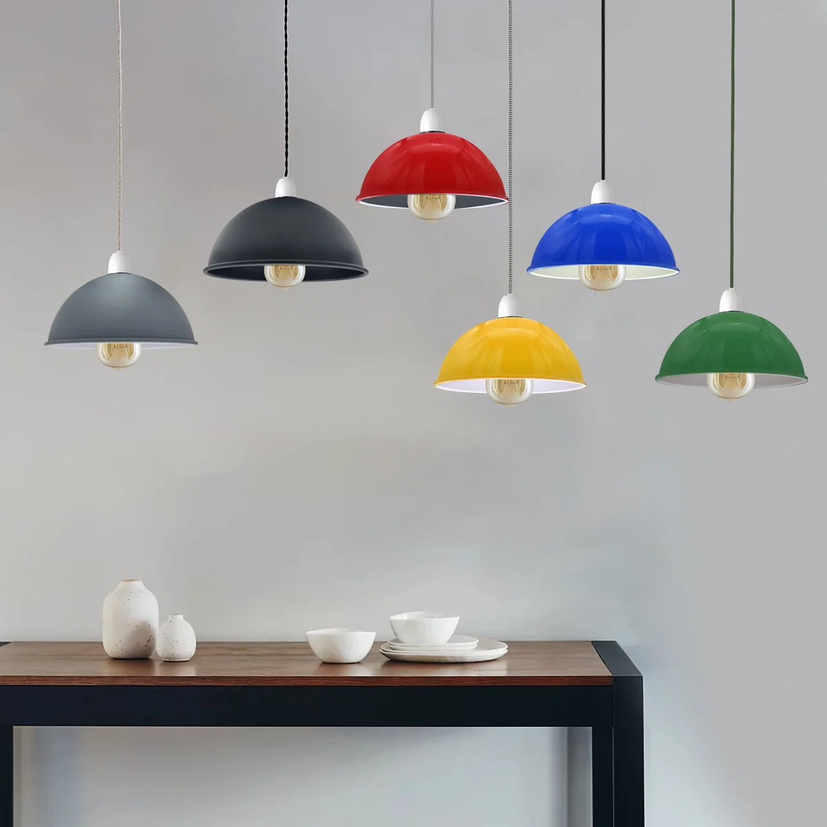 30cm metal dome pendant shade in navy blue with smooth industrial finish, shown hanging with easy fit reducer plate attached