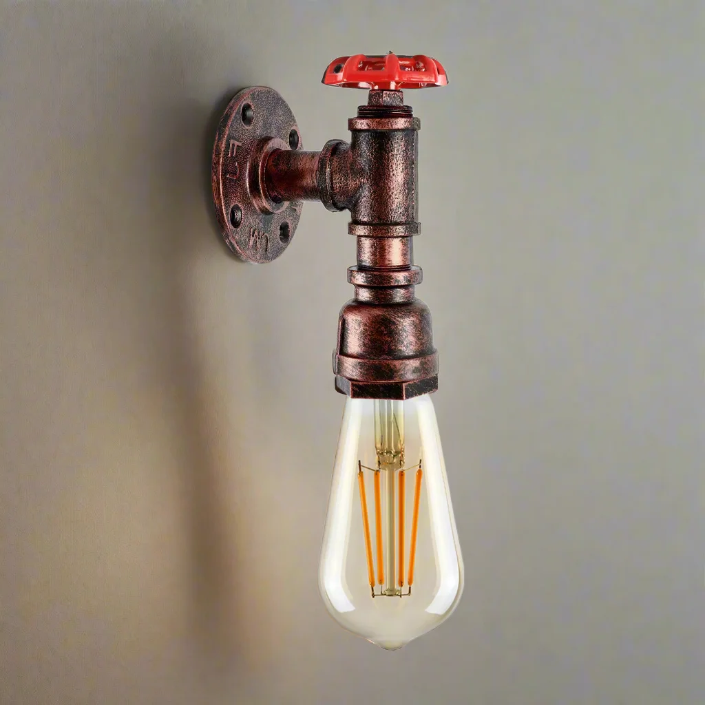 Vintage steampunk wall light made from metal pipes with red valve detail, designed for indoor hardwired installation
