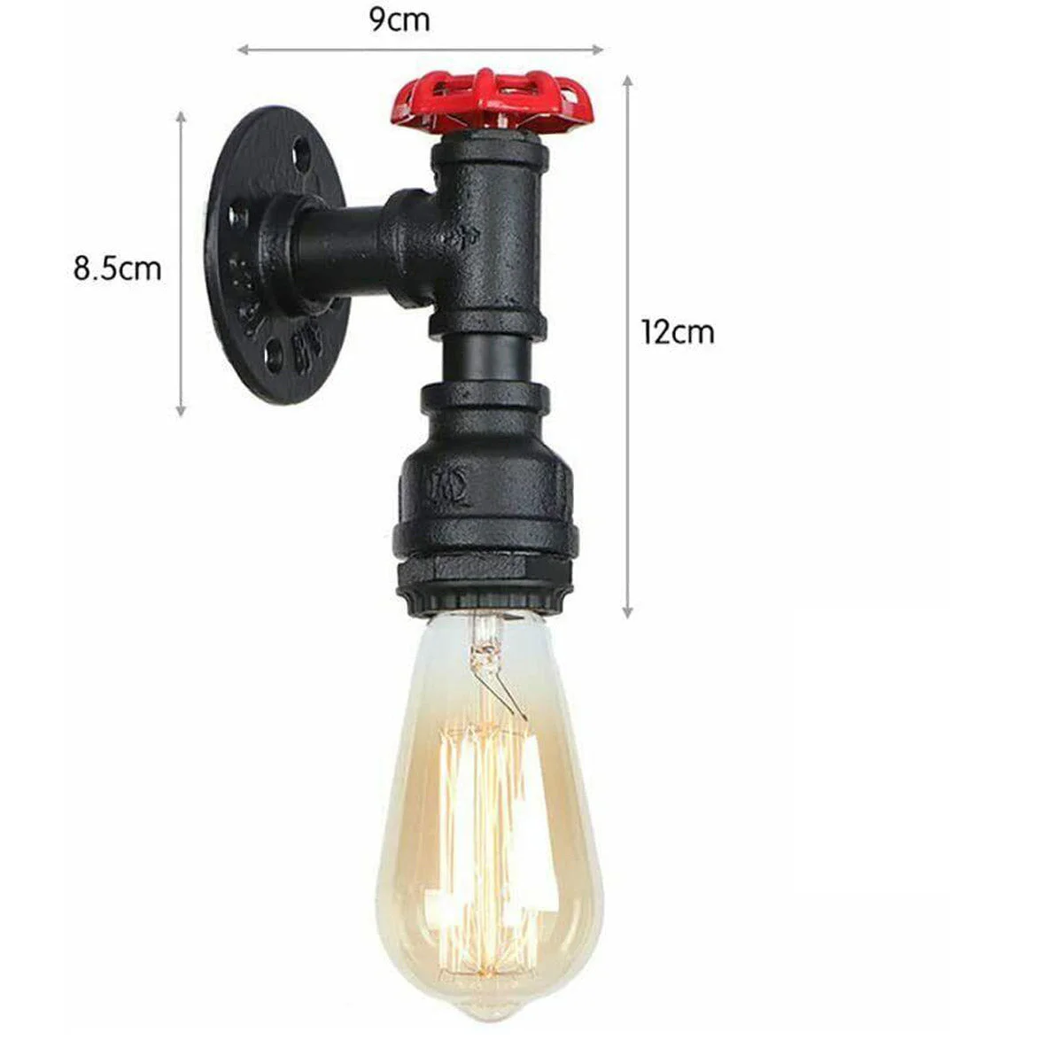 Vintage industrial wall light with steampunk water pipe design, red valve detail, and black metal finish mounted on wall