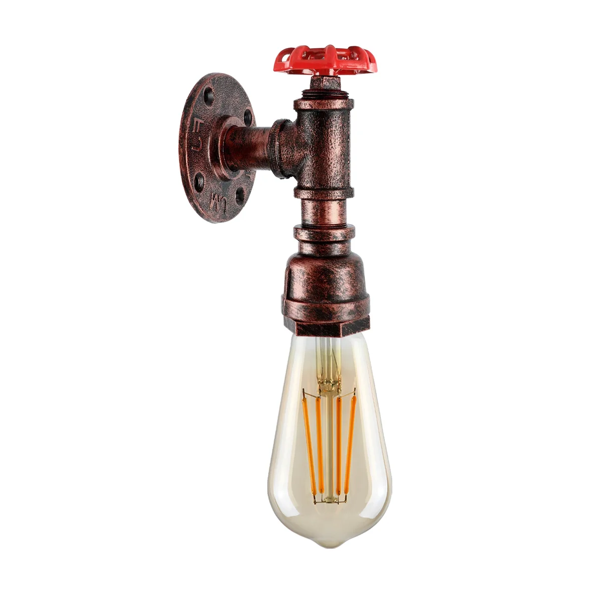 Vintage wall sconce featuring a black steampunk water pipe design with red valve detail mounted on a wall