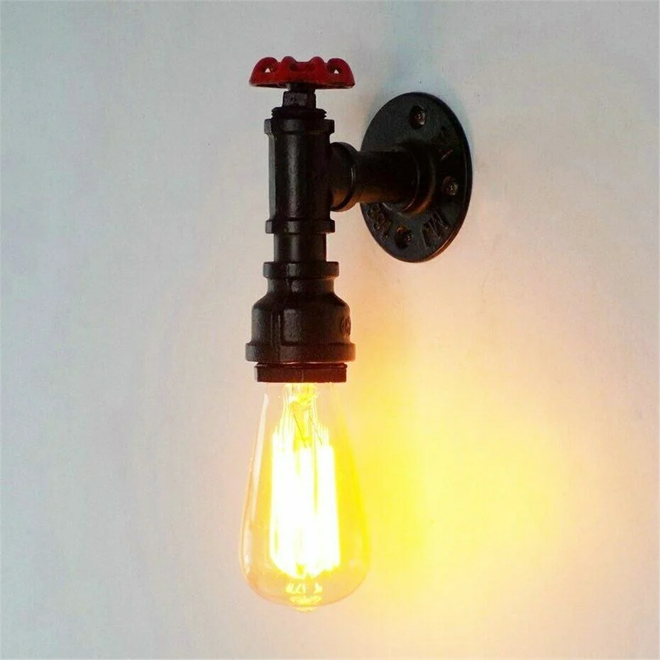Vintage industrial steampunk E27 wall light with black metal water pipe design and red valve detail mounted on wall