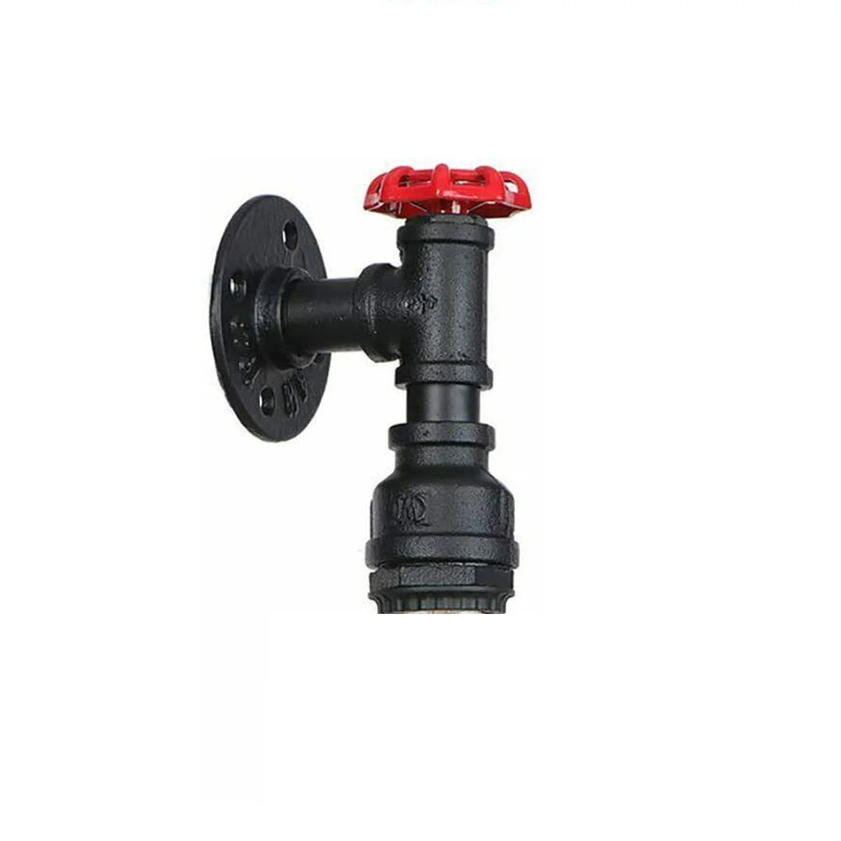 Retro industrial lamp wall light with black metal pipe design and red valve detail, vintage steampunk style, E27 bulb compatible