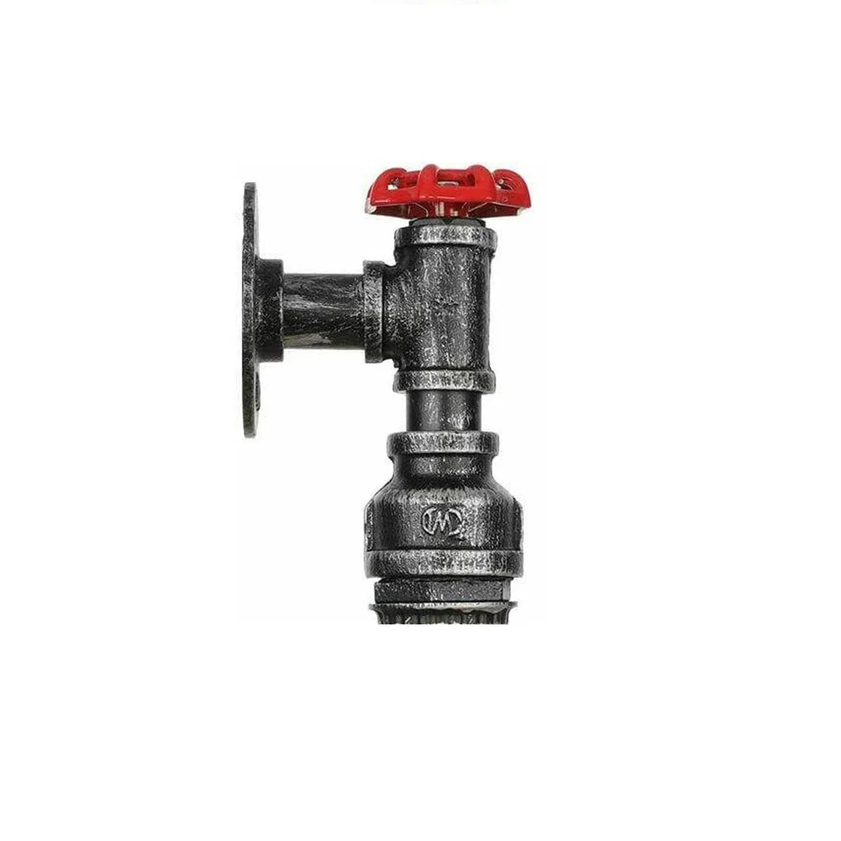 Steampunk wall light with vintage industrial water pipe design and red valve detail mounted on a black metal base