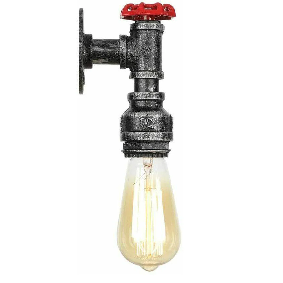 Steampunk wall light with vintage industrial water pipe design, red valve detail, and black metal finish mounted on wall