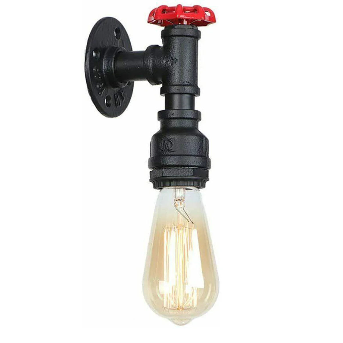 Steampunk wall light with vintage industrial water pipe design, red valve detail, and black metal finish mounted on wall
