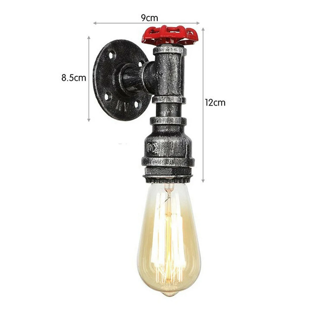 Steampunk wall light with vintage industrial water pipe design, red valve detail, black metal finish, wall mounted with E27 bulb socket
