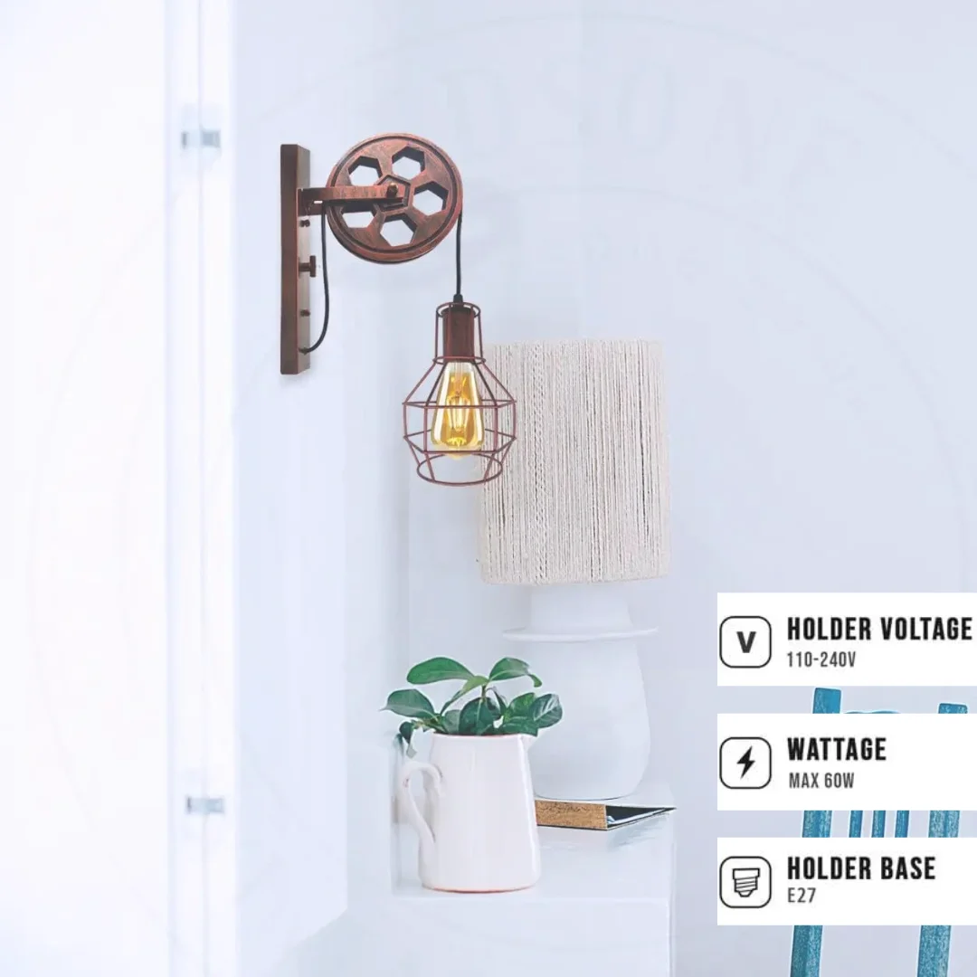 Adjustable wall sconce featuring a rugged iron wire cage, pulley wheel, and rustic red shade on a wooden base.