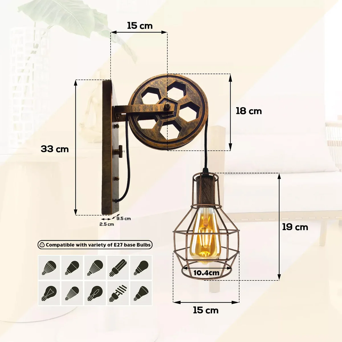 Rustic red metal wire cage pulley wall light with wooden base and adjustable copper pulley wheel, wall mounted