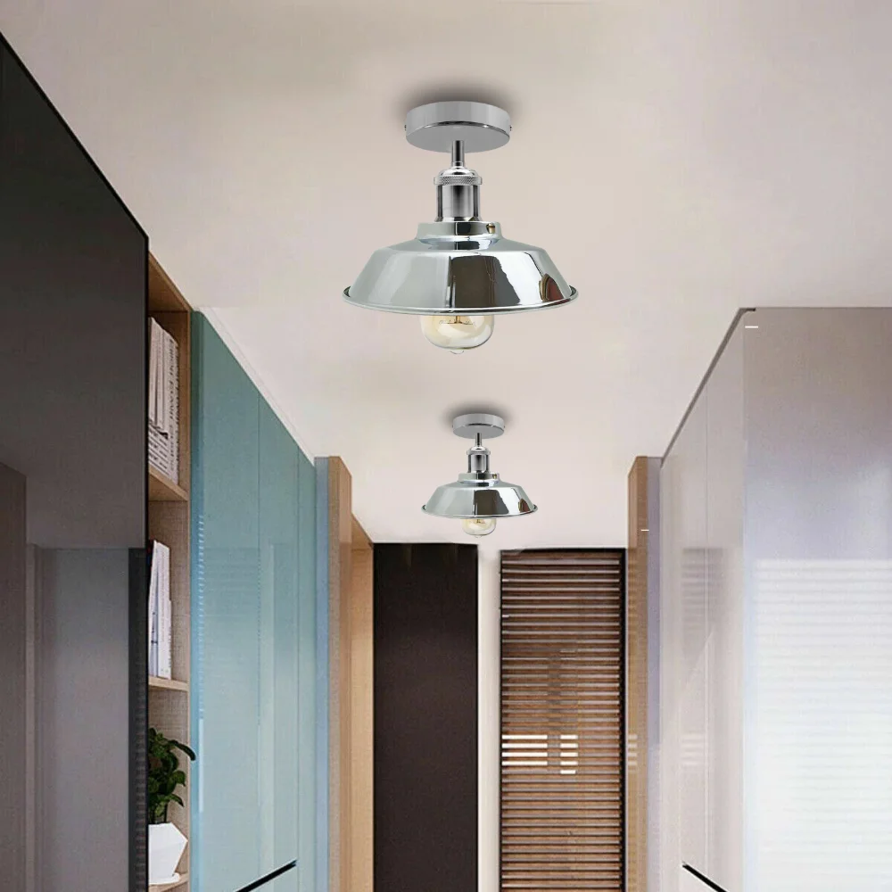 Chrome ceiling light with vintage industrial metal bowl-shaped lampshade, semi-flush mount for indoor use