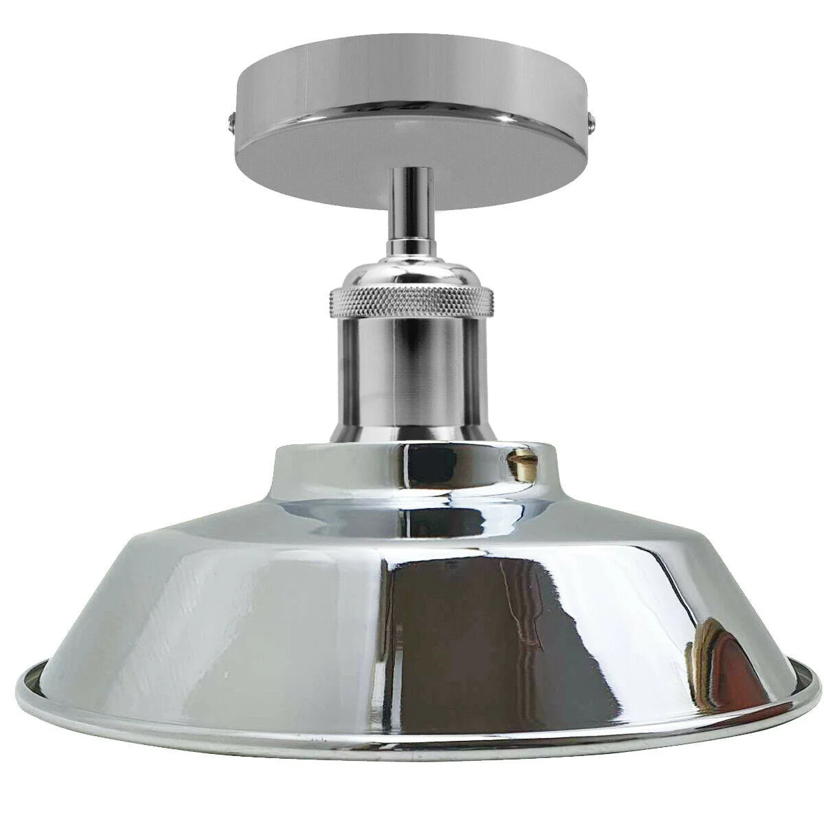 Chrome vintage industrial light with bowl-shaped metal shade, semi flush ceiling mount, modern industrial finish