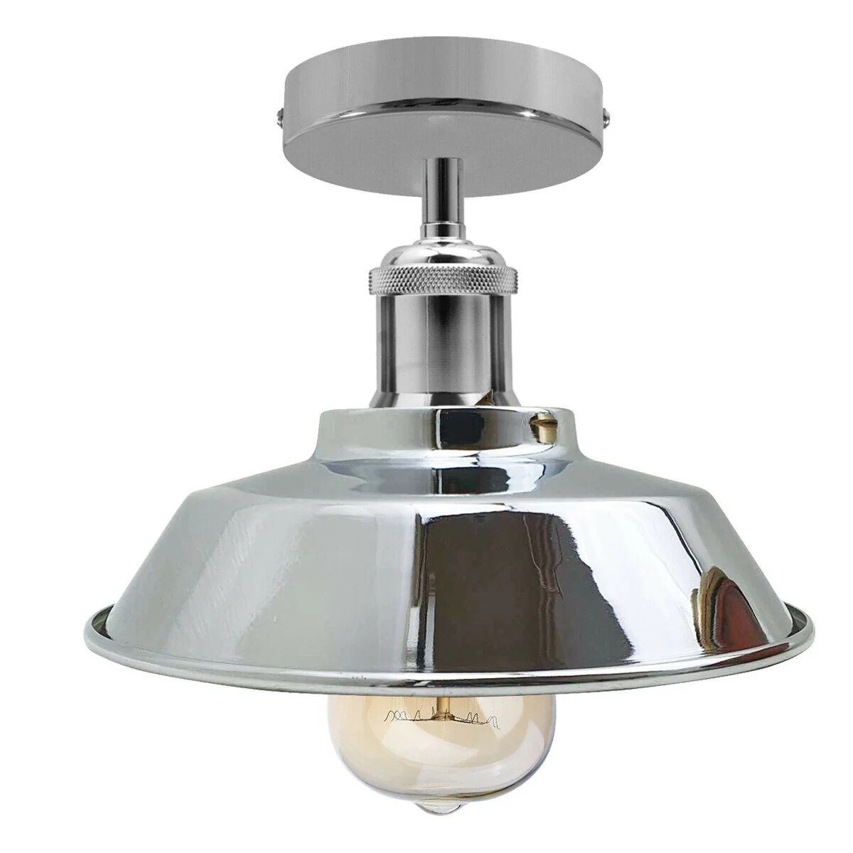 Chrome vintage industrial metal pendant with bowl shade, ideal E27 bulb ceiling lamp for indoor use, mounted flush to ceiling