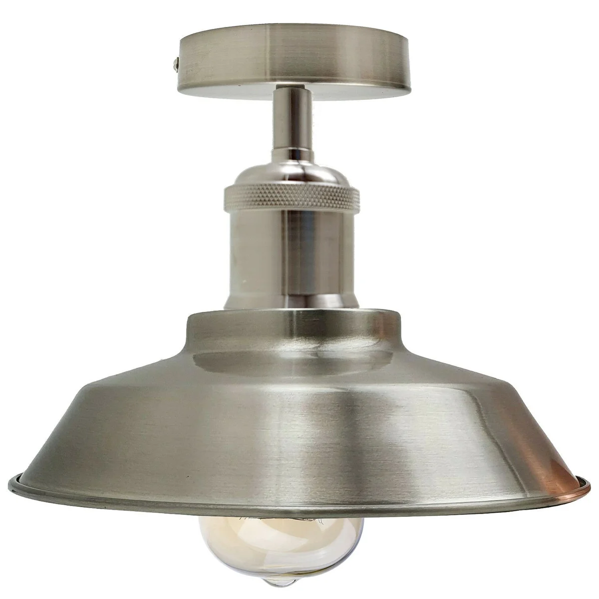 Satin nickel metal bowl shade E27 bulb ceiling light semi-flush mount with mounting accessories on white background
