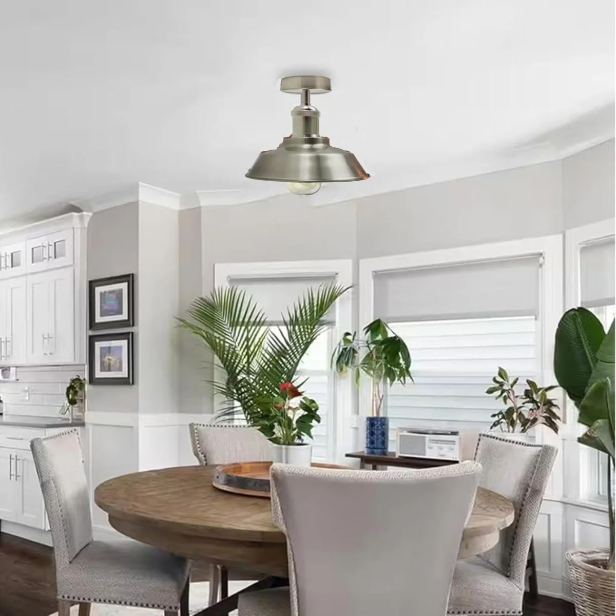 Satin nickel metal bowl semi-flush ceiling light showcasing modern indoor lighting with E27 bulb fitting