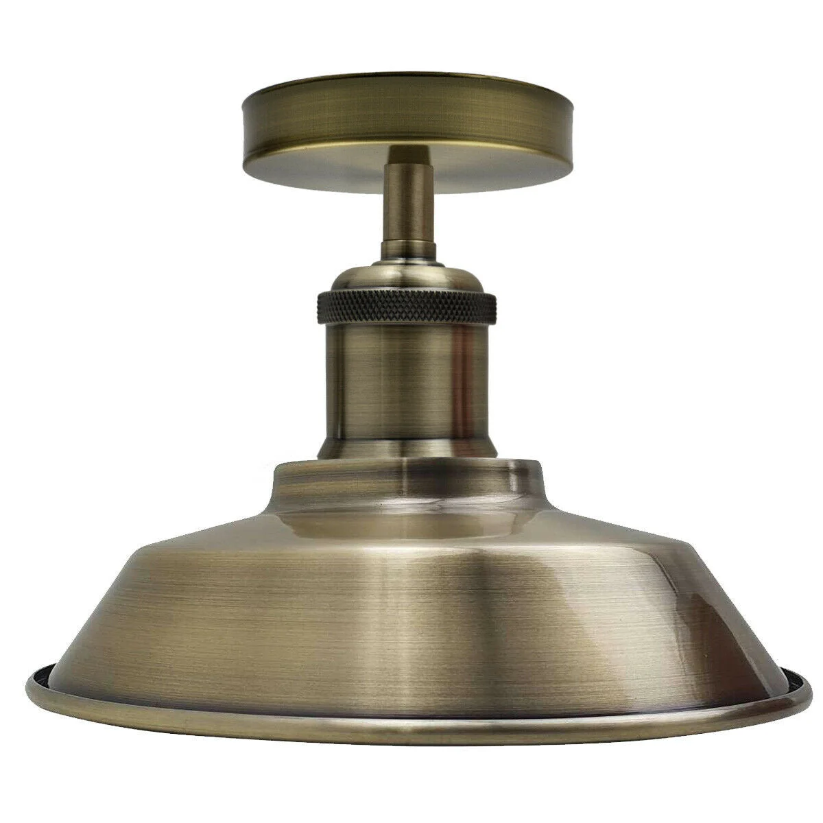 Vintage industrial green brass ceiling light with bowl-shaped metal shade, semi-flush mount design, E27 bulb compatible