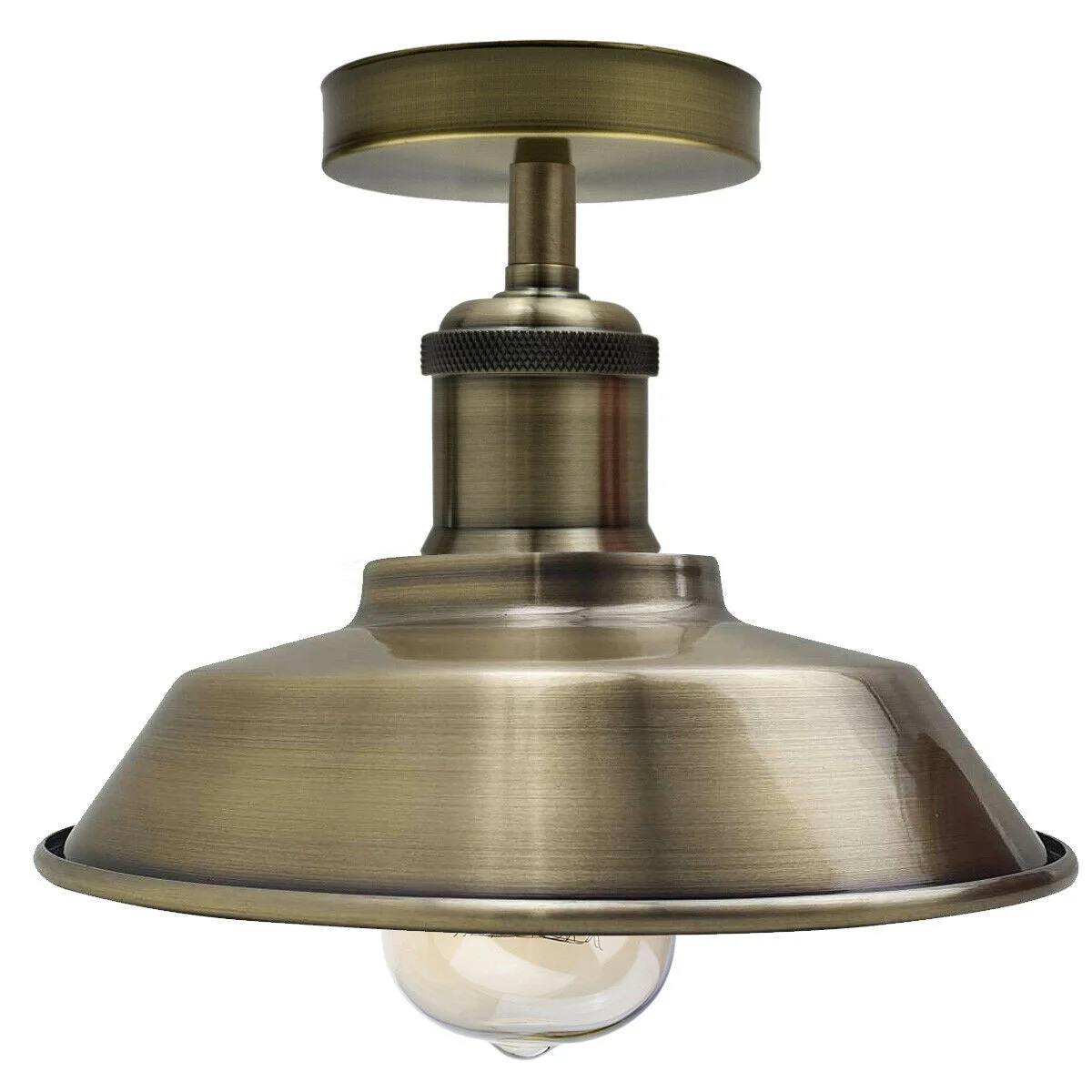 Green brass vintage industrial semi flush mount ceiling light with bowl-shaped metal lampshade and mounting accessories