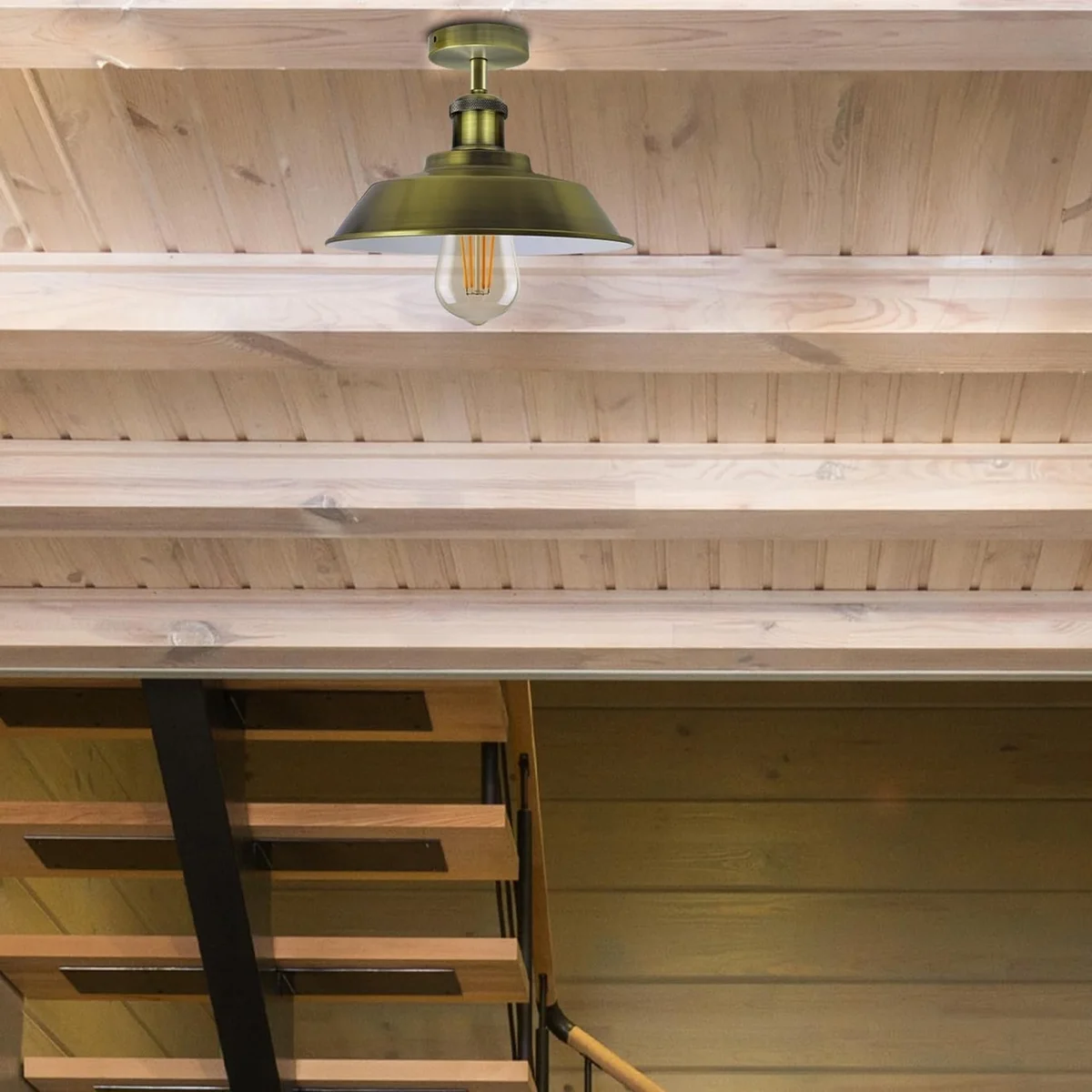 Green brass vintage industrial metal ceiling light with bowl shade, ideal indoor industrial lighting for low ceilings