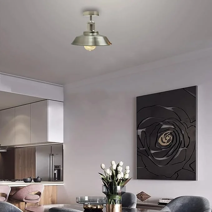 Green brass vintage industrial ceiling light with bowl-shaped metal shade and close-to-ceiling mount shown from below