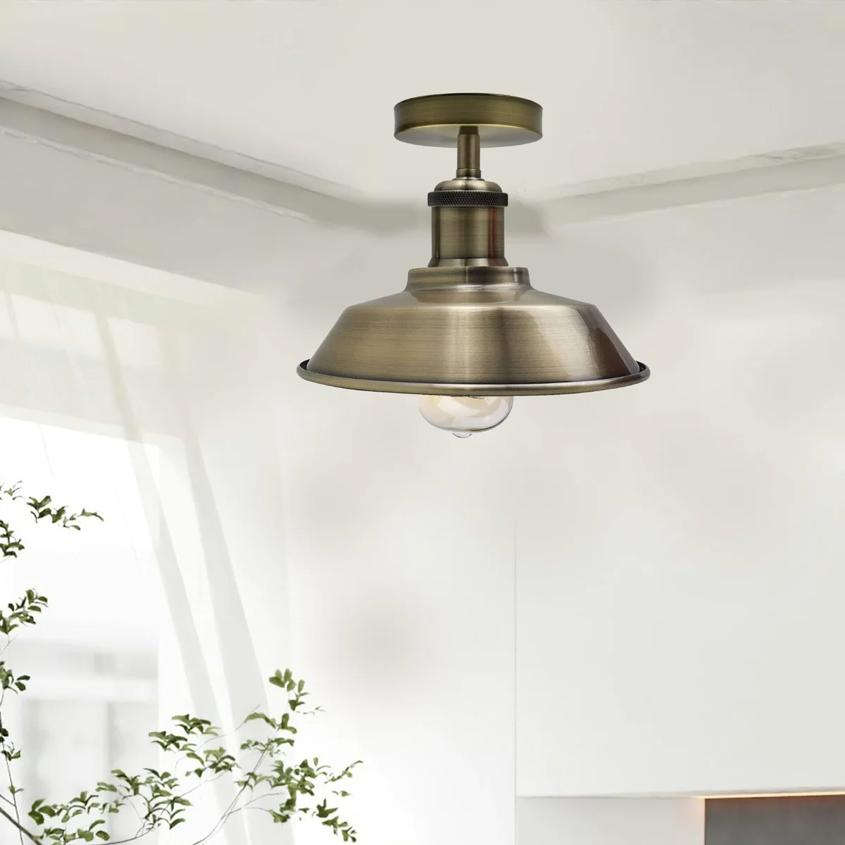 Green brass vintage industrial ceiling light with bowl-shaped metal shade, semi-flush mount, and ceiling rose visible