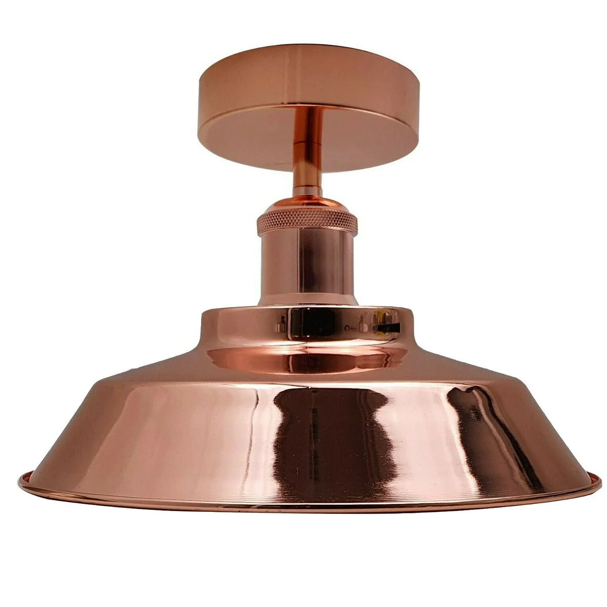 Rose gold industrial flush ceiling light with vintage metal shade and E27 fitting, semi-flush mount design for indoor use