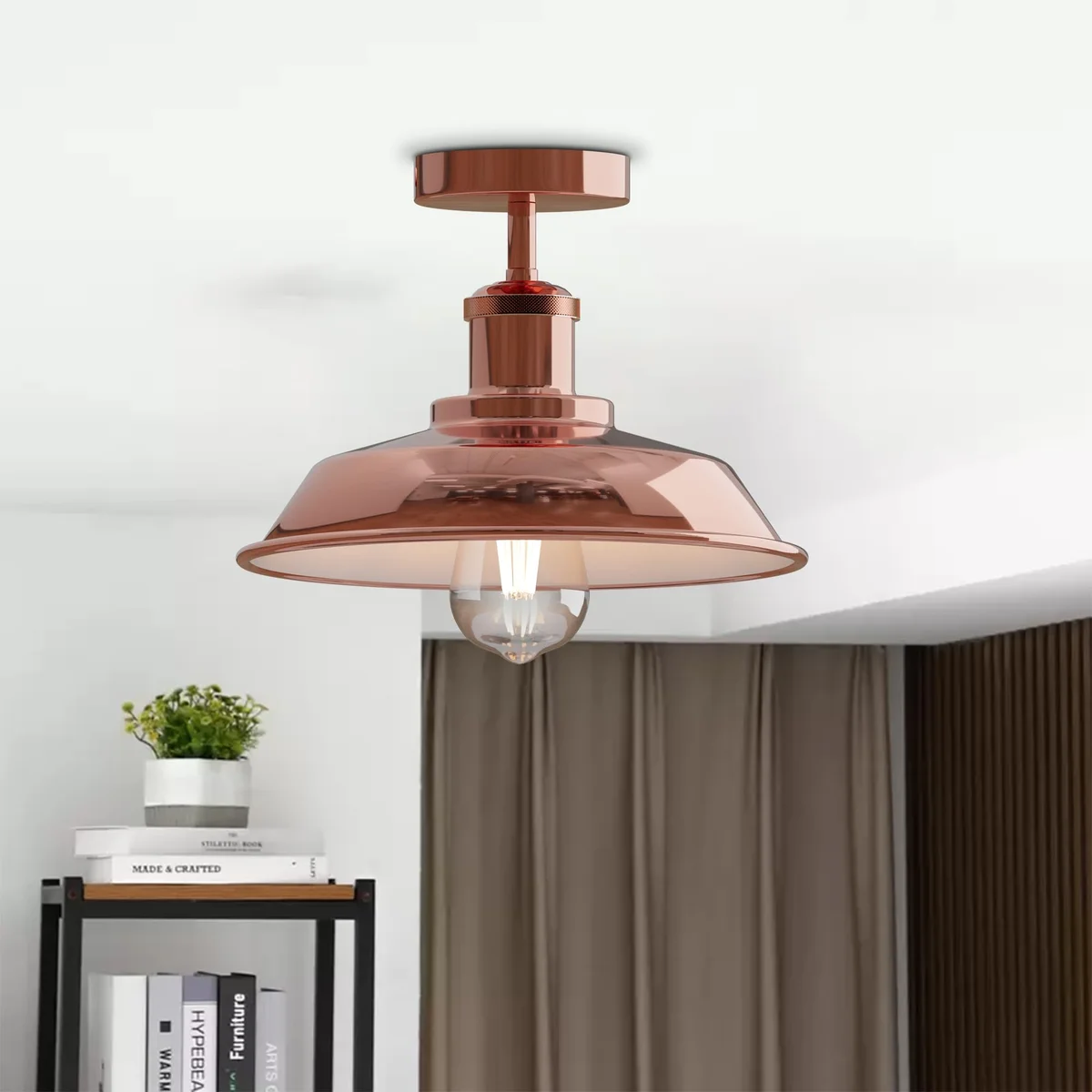 Vintage rose gold metal E27 flush mount light with round shade, ideal for industrial or farmhouse interiors