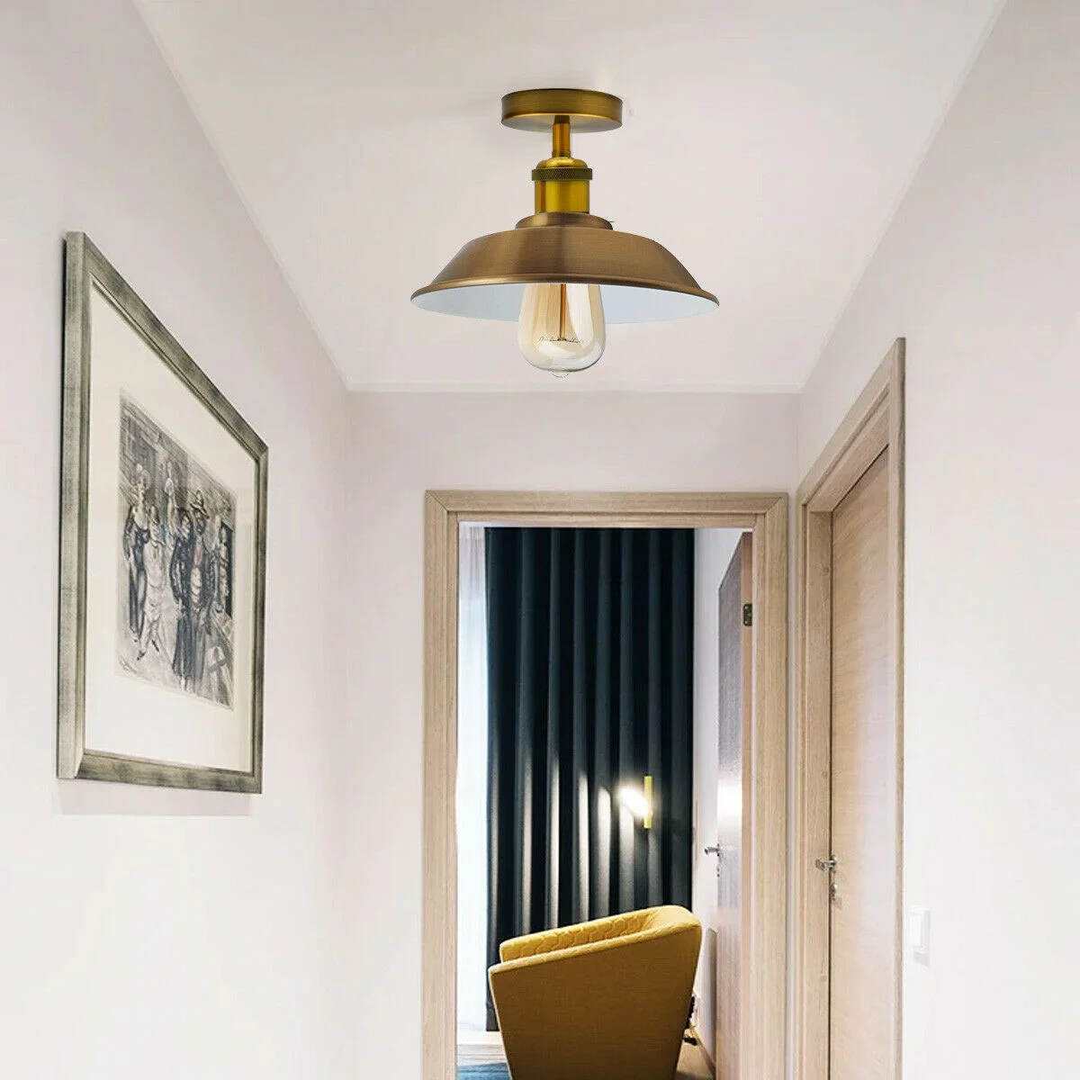Yellow brass ceiling light with vintage industrial metal bowl shade, flush mount design for indoor use