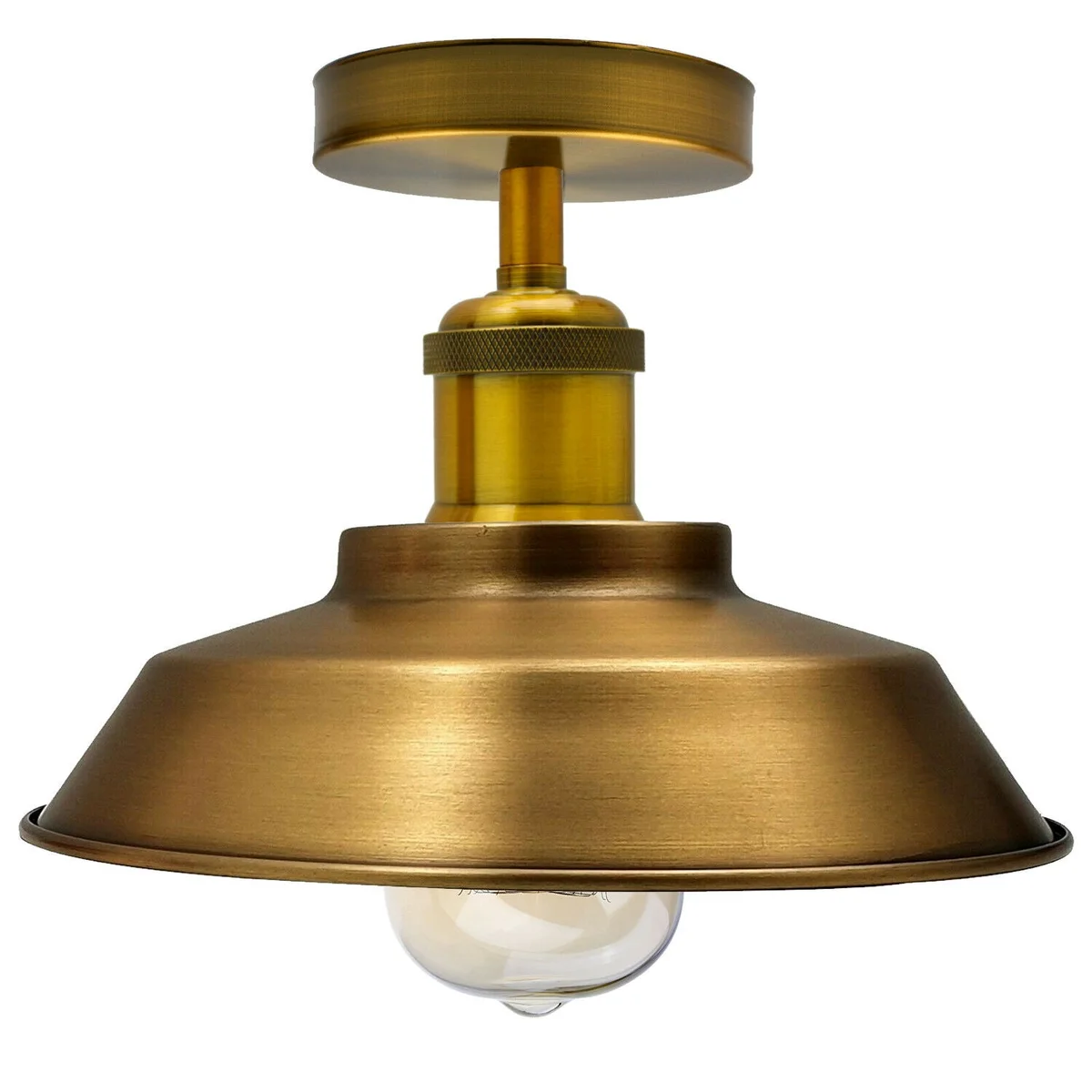 Vintage ceiling lamp with yellow brass bowl-shaped metal shade mounted flush to ceiling, industrial style design